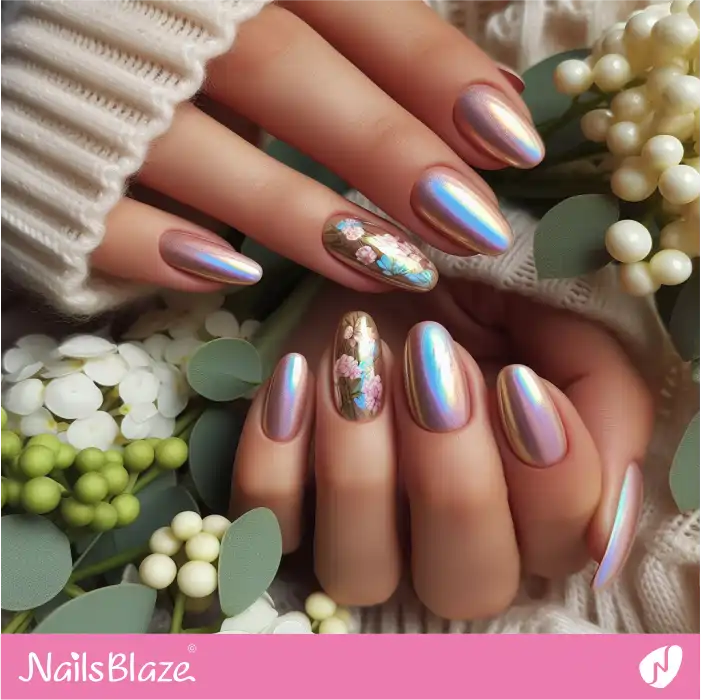 Iridescent Pearl Nails with Floral Accents | Classy Nails - NB3972